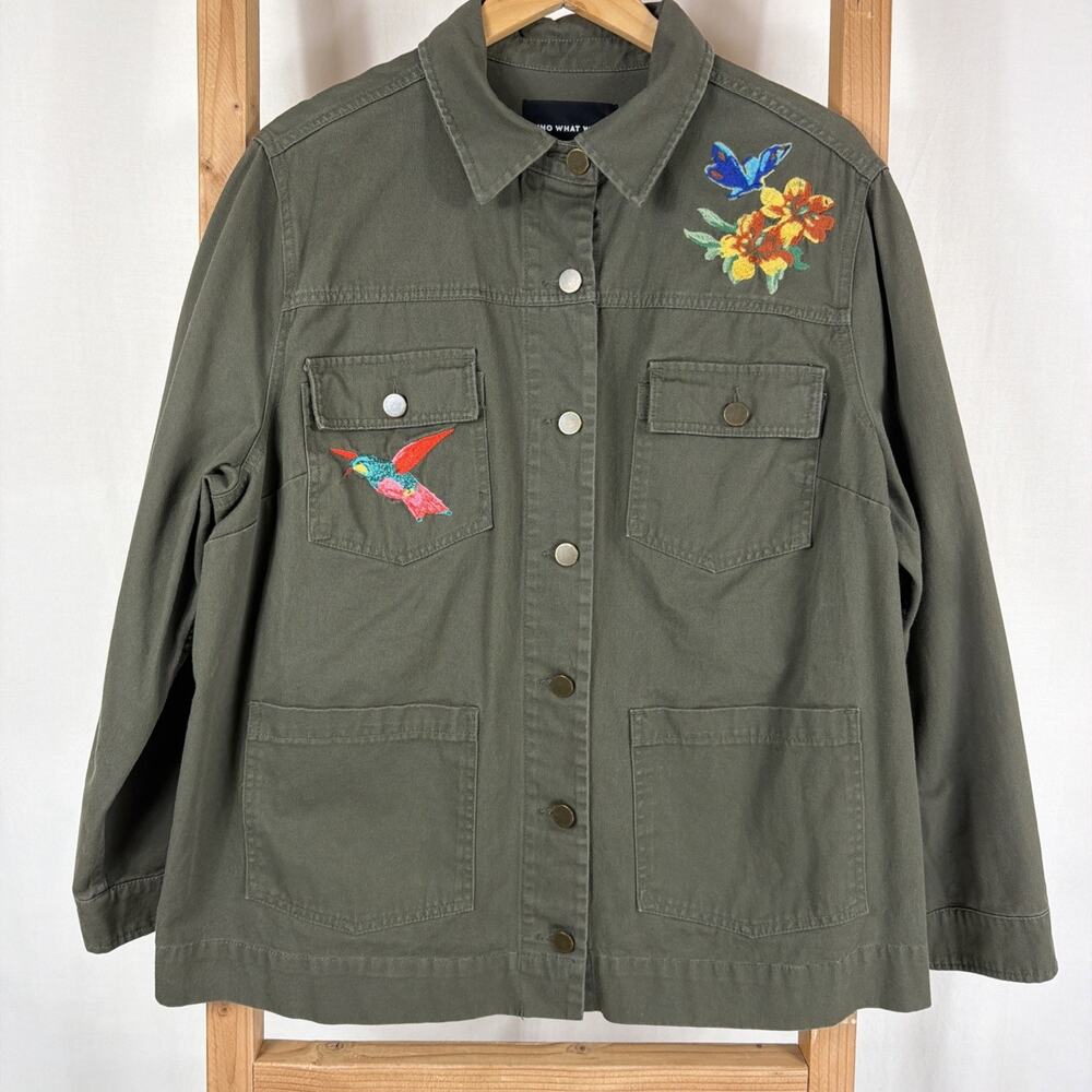 Who What Wear Green Embroidered Pockets Button Up Jacket #1239 Size 2X